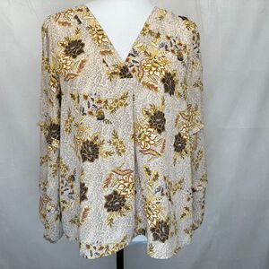 Studio B By Bobeau Top Sz S Womans Beige Brown Yellow Floral Long Sleeve V-Neck